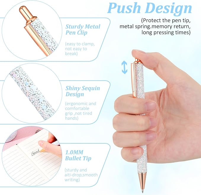 Bling Sequin Pen Holder with 6 Pcs Sequin Click Pens Cute Glitter Retractable Ballpoint Pens, Pencil Cups for Desk Organizer Makeup Brush Holder for Women Girls Classroom Offices(White)
