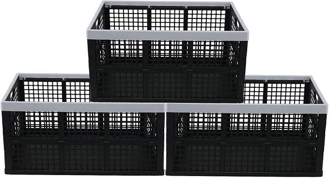 3 Packs Collapsible Milk Crates, Plastic Folding Storage Containers, Stackable Storage Baskets for Organizing, 23.5" x 16.88" x 11.81", 66 L, Black