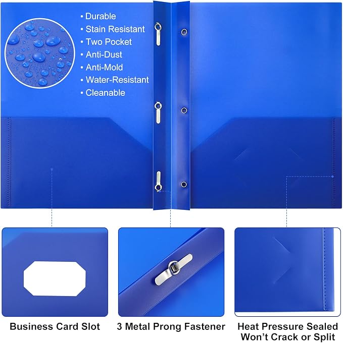 Cholemy 32 Packs Pocket Folders with Prongs Heavy Duty Plastic Folder with Business Card Slot 3 Prong Fasteners for School Office (Blue)