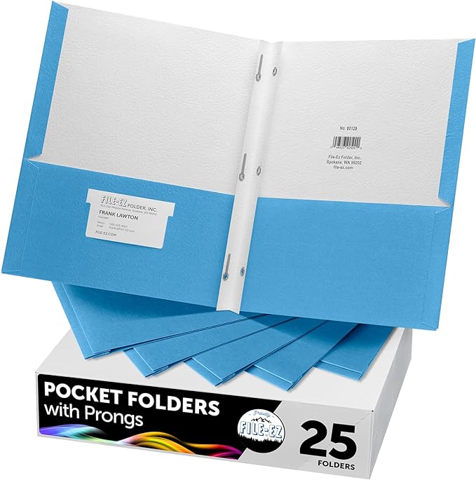 FILE-EZ Two-Pocket Folders with 3-Prong Fasteners, Light Blue Color, 25-Pack, Durable Textured Paper, Matte Finish, Letter Sheet Size (EZ-92520)
