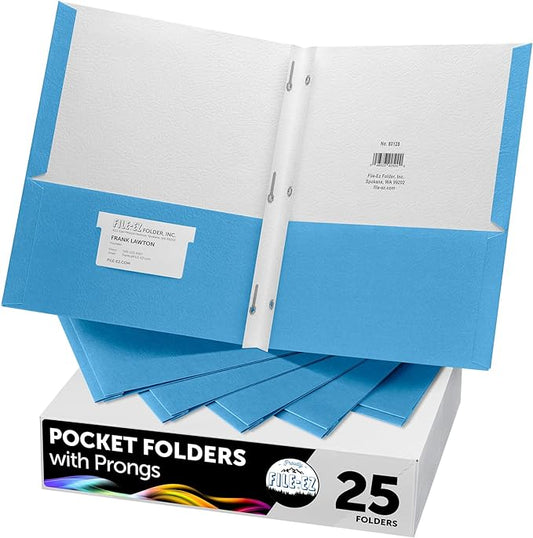 FILE-EZ Two-Pocket Folders with 3-Prong Fasteners, Light Blue Color, 25-Pack, Durable Textured Paper, Matte Finish, Letter Sheet Size (EZ-92520)