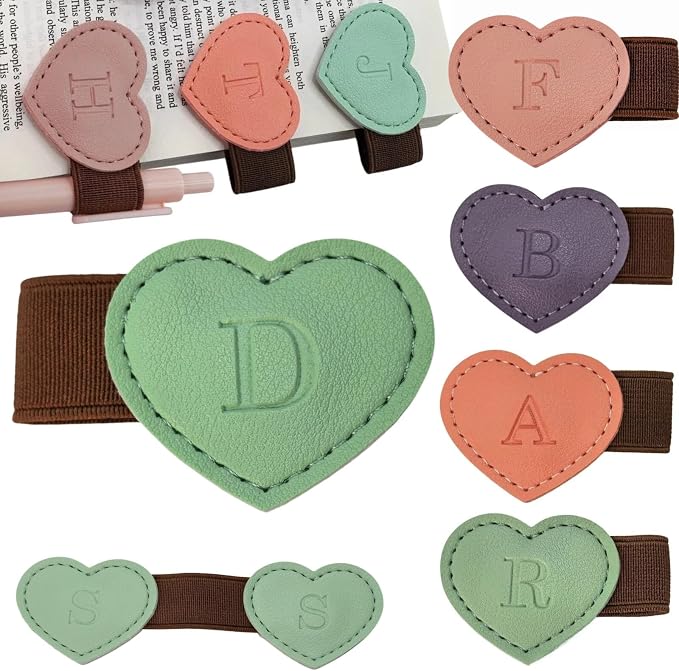 Personalized Magnetic Leather Heart Bookmark with Pen Holder - 26 Letters Custom Book Mark Notebook Pencil Loop with Initial Book Marker for Readers, Book Lovers- Gifts for Women Men(Green,D)