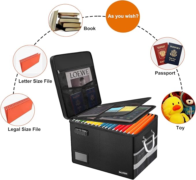BALAPERI Fireproof Document Box with Lock, Portable File Box with Handle, Locking File Organizer Storage Box for Legal/Letter Size Hanging Folders, Collapsible,16.1" x 12.9" x 11"