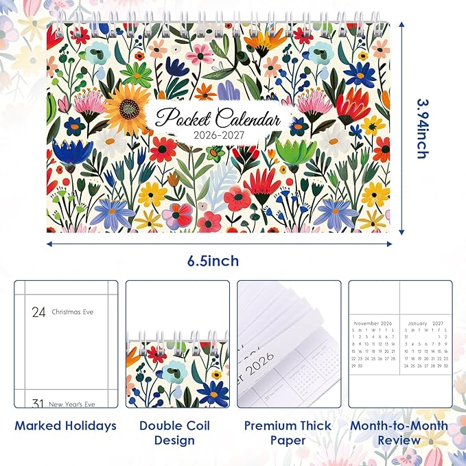 Phyxin Pocket Calendar 2026-2027, Pocket Calendar 2026 - Runs from January 2026 Until December 2027, 2026-2027 Monthly Planner-4.2" x 6.5", Pocket Planner with Coil for School Office Supplies, New Red