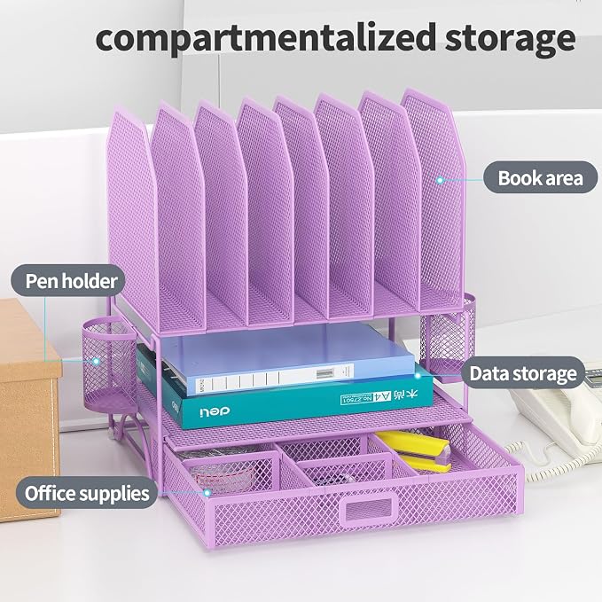 FANXIYQ Metal Desk Organizer with Sliding Drawer, 7-Section File Organizer for Desk, Desktop File Folder & Paper Organizer with 2 Hanging Pen Holders, Office Supplies Organizer, Purple