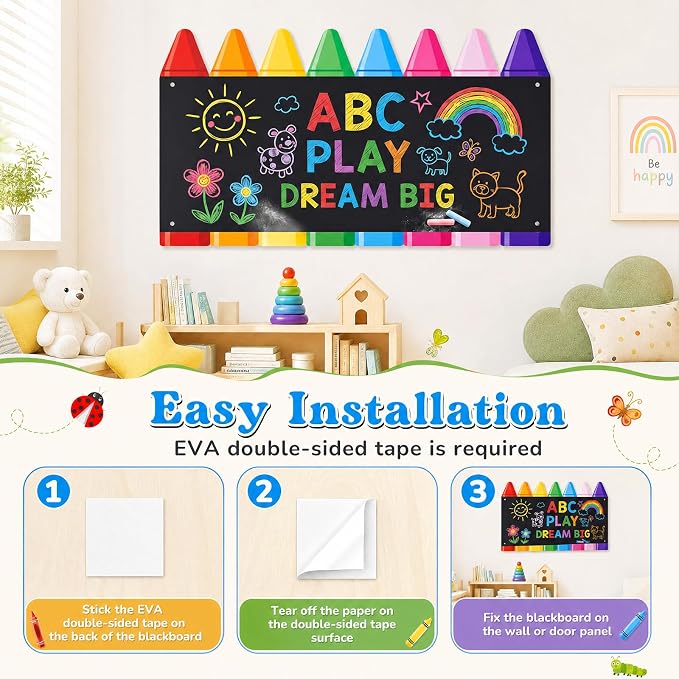 MotiMind 1 Pcs Giant Outdoor Chalkboard for Kids Suitable Indoor and Outdoor Use, Weatherproof Large Black Chalkboard Panels for Wall Back to School Decorations (Large Crayon)