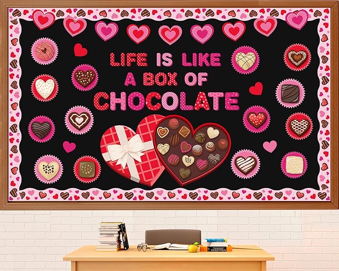 gisgfim Valentine’s Day Bulletin Board Set Decorations Valentines Classroom Decor Chocolate Heart Photo Craft Cutouts for School Home Chalkboard Wall Door Party Supply(Life Is like a Box of Chocalate)