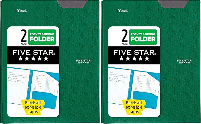 Five Star 2-Pocket Folder, Plastic Folder with Stay-Put Tabs and Prong Fasteners, Holds 8-1/2" x 11" Paper, Forest Green (72111) (Pack of 2)