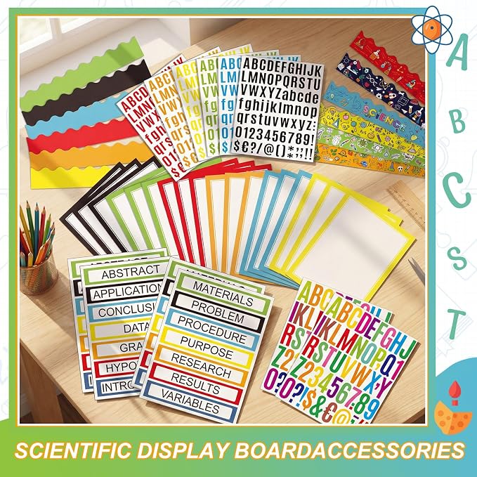 Sinload 92 Pcs Science Fair Board Supplies 60 Trim Scalloped Poster Boards 18 Presentation Subtitles 6 Project Titles 8 Letter Sticker for Classroom Display Boards(Multicolor,Science Lab)