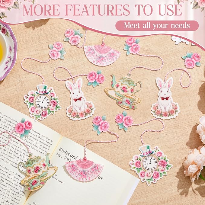 Resurhang 8 Pcs Pastels Teacup Teapot Bookmarks with Floral Design Cute Tea Bag Felt Bookmarks Gift Bulk for Mother, Tea Party Favors, Teacher, Book Lovers, Unique Gift for Women (Pink Dream)