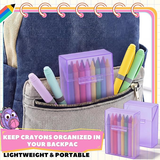 Clabby 12 Pcs Plastic Crayon Organizer Case for 24 Count Crayons Kids Art Supply Storage Box with Lid, Portable Holder for Classroom Home Travel, Fits Standard 24-Pack Crayon (Purple)