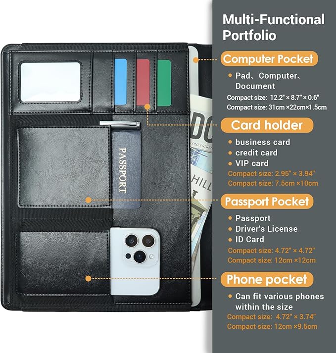 Professional Trifold Padfolio with Magnetic Closure – A4 Letter Portfolio Organizer for Business Meetings, Interviews & Presentations, Document Folder with Notepad Holder Black