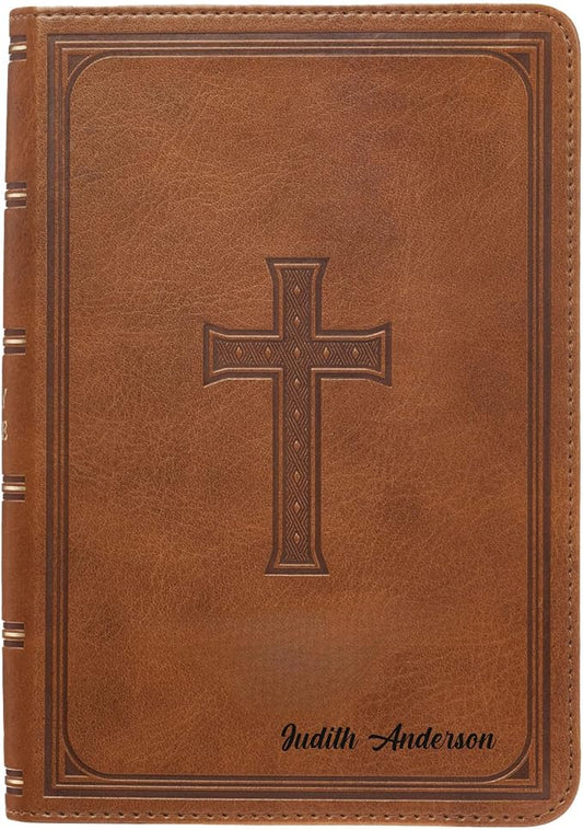 Personalized KJV Deluxe Holy Bible Honey Brown Faux Leather Medium Print Size with Celtic Cross Design | Medium Print | Custom Name at the Lower Right Side | Gift for Christian & Religious Celebration