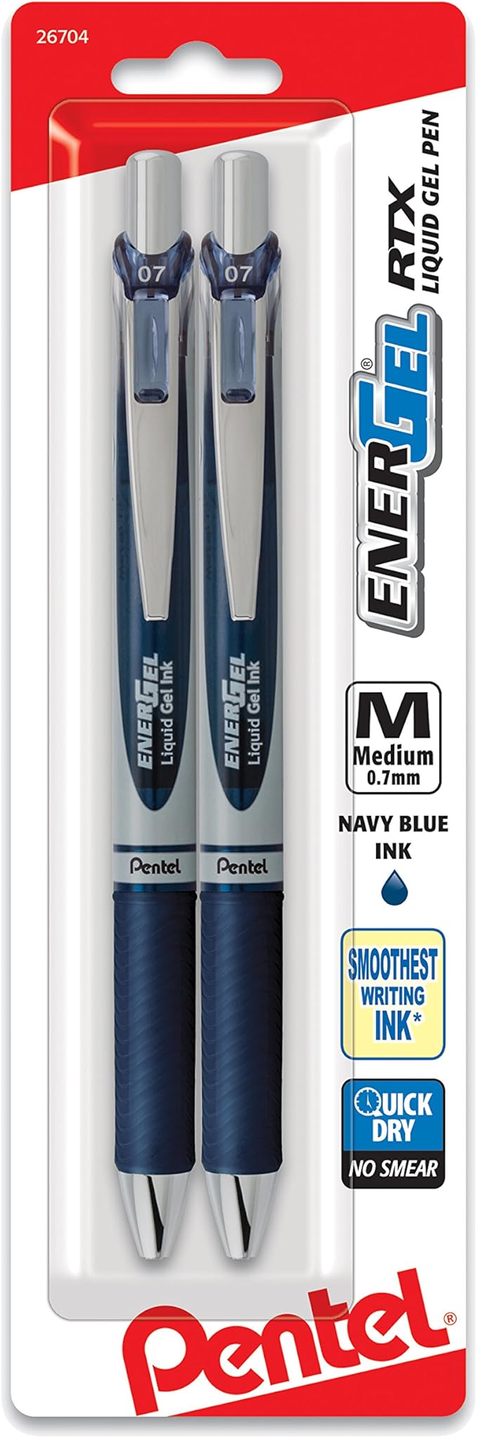 Pentel EnerGel RTX Retractable Liquid Gel Pen, (0.7mm) Metal Tip, Medium Line, Navy Blue Ink 2-Pk (BL77BP2CA)