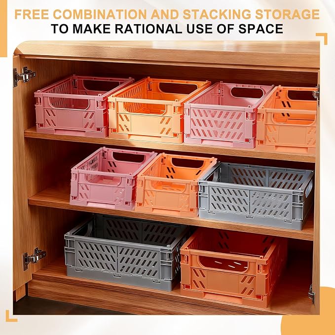 uxcell 2Pcs Small Plastic Storage Baskets, 6 x 3.9 x 2.4 Stackable Foldable Storage Bins with Handles Collapsible Crates for Home Office Shelves Closet Books Organizing, Purple