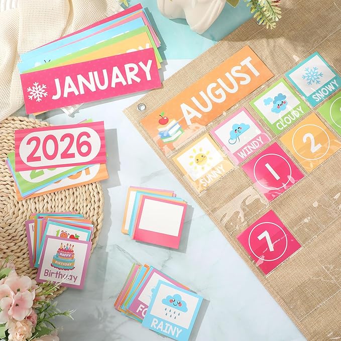 Sinload Classroom Calendar Pocket Chart Set Calendar Bulletin Board Set Seasons Festival Weather Pocket Chart for Classroom Decoration Back to School Supplies(Pastel,Linen Color)