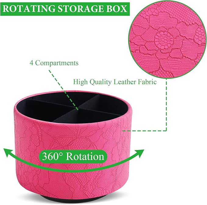 Round Leather Art Supply Organizer,Remote Control Holder,360 Degree Spinning,Multi-Functional Pencil Holder,4 Compartments Desktop Stationary Organizer(1-Lace Flower Rose Red)
