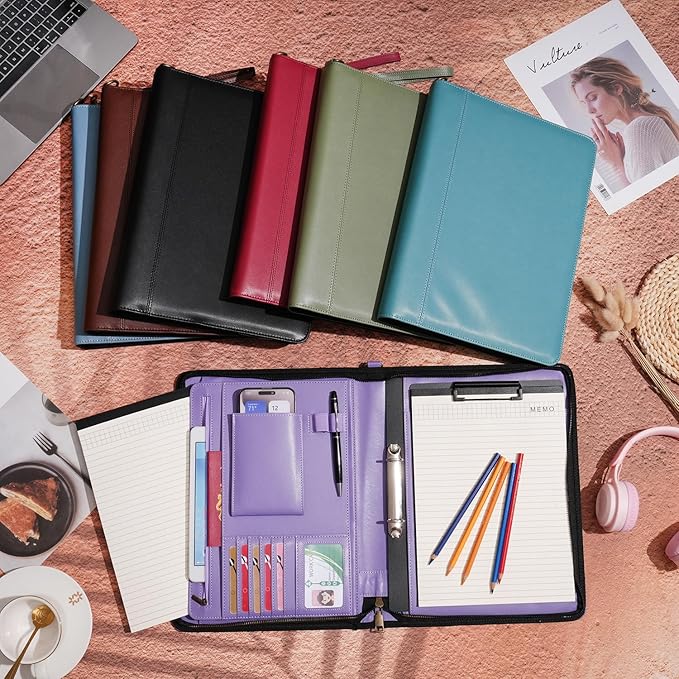 Wason A4 Portfolio with Zipper - Leather PU Padfolio with Detachable Ring Binder and Writing Notepad Holder, Conference File Multi-Pockets Organizer for Office Travel School (Red)