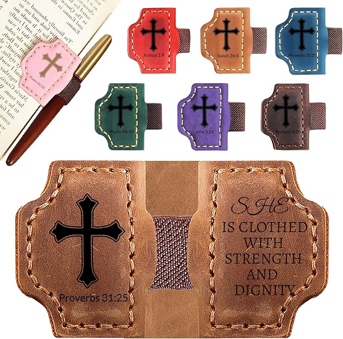 Personalized Leather Bookmark with Pen Holder - Magnetic Bible Verse Design, Christian Book Lovers Reading Accessory, for Book Lovers Men Women (Brown, Proverbs 31:25)