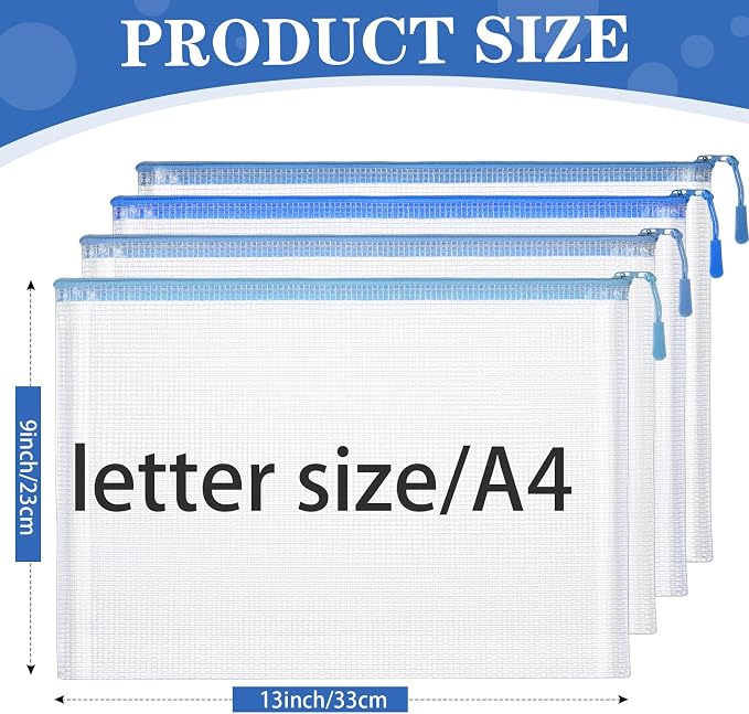 Feifeiya 24 Pack Blue Mesh Zipper Pouch Bags, A4 Size Clear Mesh Zipper Storage Bags Bulk for School Office Organization
