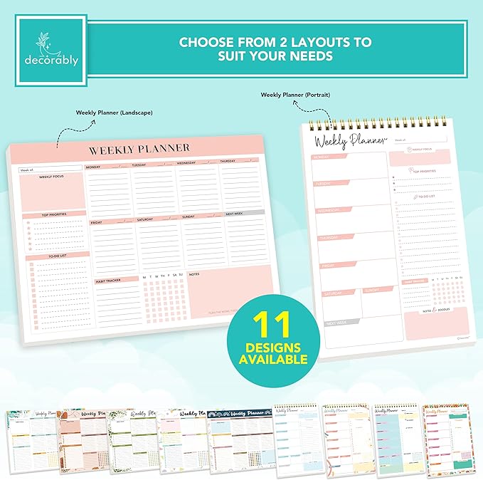 Decorably 52 Sheets Nude Pink Undated Weekly Planner Notepad Tear Off, 6.5x10in Spring-Bound Design, With Focus, Priorities, To Do List, Habit Tracker, Notes and Doodles - Home, School, Office