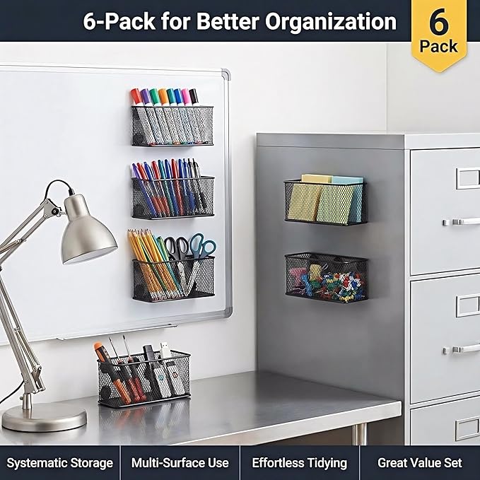 Neudeco Magnetic Locker Organizer and Accessories, Wire Mesh Magnetic Storage Basket, Magnetic Holder for Dry Erase Markers, Strong Magnet Pen Holder for Fridge School, Black, Pack of 6