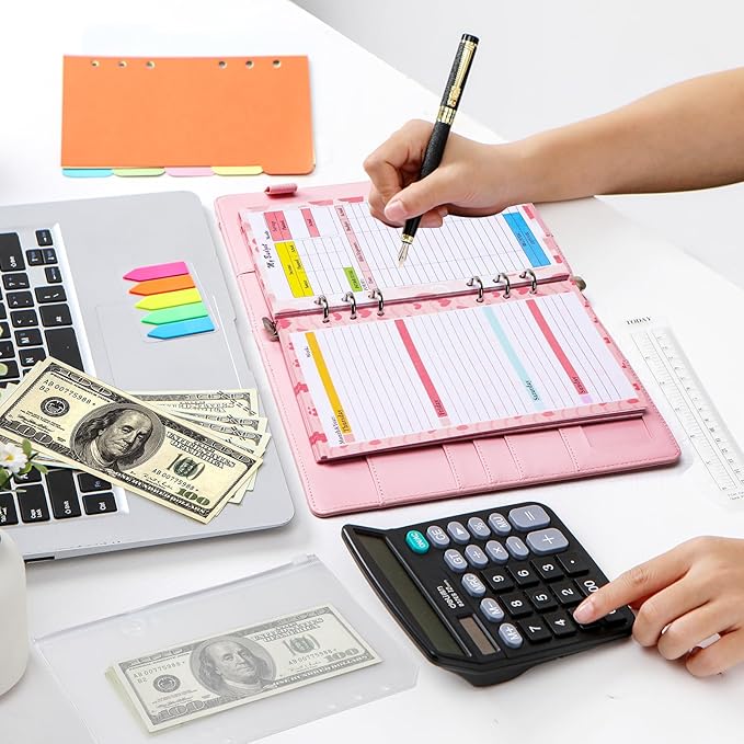 Toplive 7 Pack A5 Planner Inserts Monthly Weekly Planner Refills Paper 6 Ring Expense Budget Sheets with Cash Envelopes Divider Ruler Stickers, for A5 Planner Binder Cover, Pink Heart