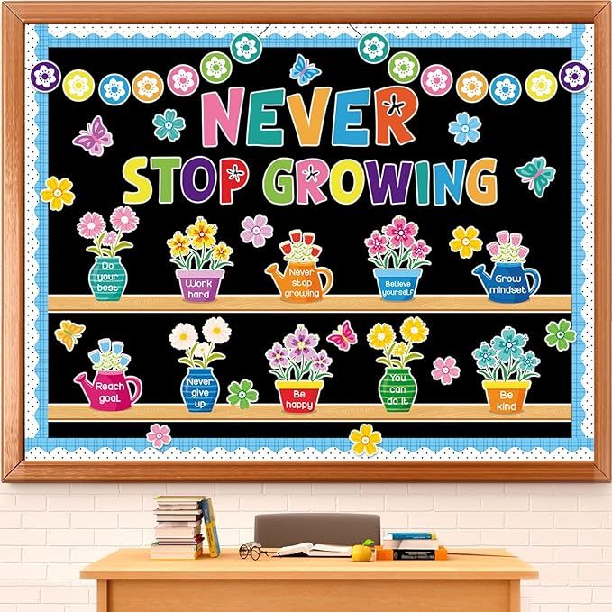 71PCS Never Stop Growing Bulletin Board Spring Bulletin Board Decorations Set Positive Flower Butterfly Paper Cutouts for Teacher Back to School Classroom Chalkboard Wall Decor Supplies