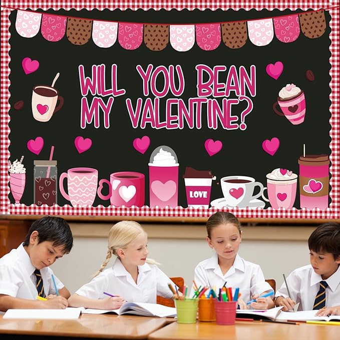 Naozinebi Valentine's Day Bulletin Board Classroom Decorations Coffee Theme Cutouts Valentines Coffee Cup Heart Cutouts Valentines Party Supplies for Classroom School Home Nursery Wall Door Decor