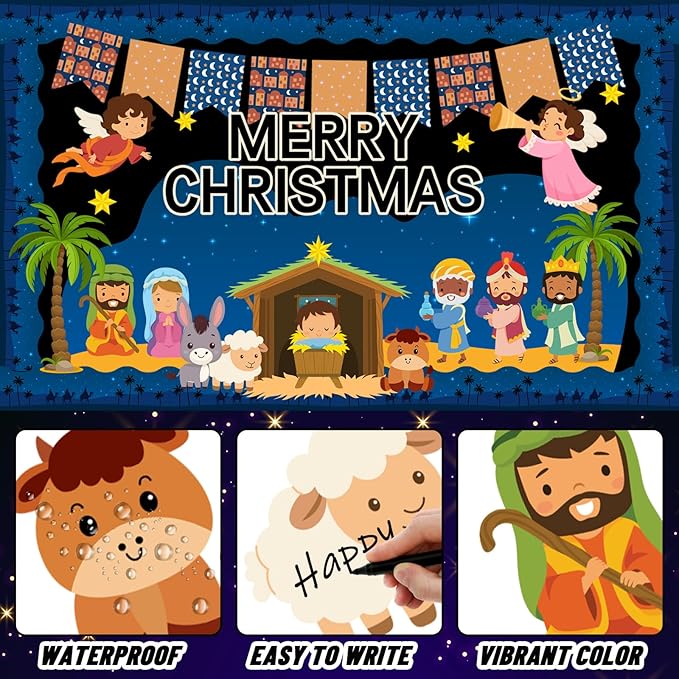 FYSUIMU 80Pcs Christmas Nativity Bulletin Board Decorations Christian Jesus Birth Scene Paper Cutouts Merry Christmas Classroom Decor with 150Pcs Glue Points for Xmas Party Sunday School Church