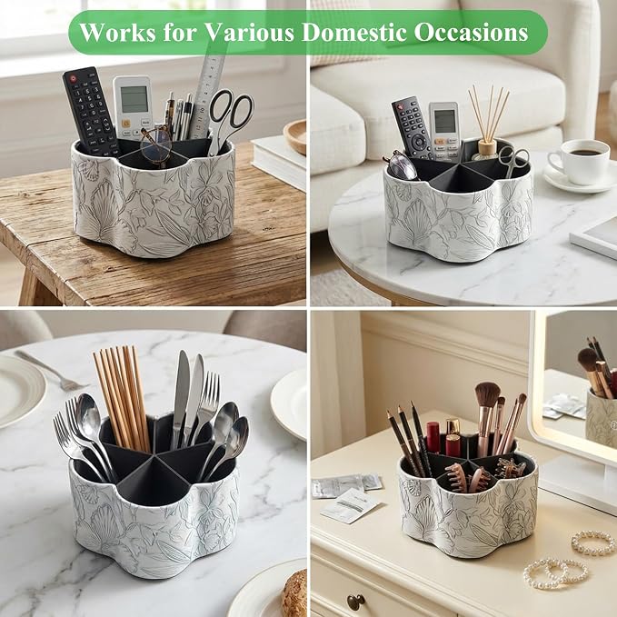 Flower Shaped Leather Art Supply Organizer,Remote Control Holder,360 Degree Spinning,Multi-Functional Pencil Holder,5 Compartments Desktop Stationary Organizer(1-Flower Grey)