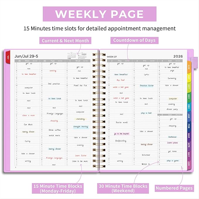 EMSHOI 2026-2027 Appointment Book, A4 15-Minute Hourly Planner, July 2026 - June 2027, Academic Planner Weekly and Monthly, 100GSM Thick Paper, Flexible Cover, Note Pages, Colorful Tabs, Purple