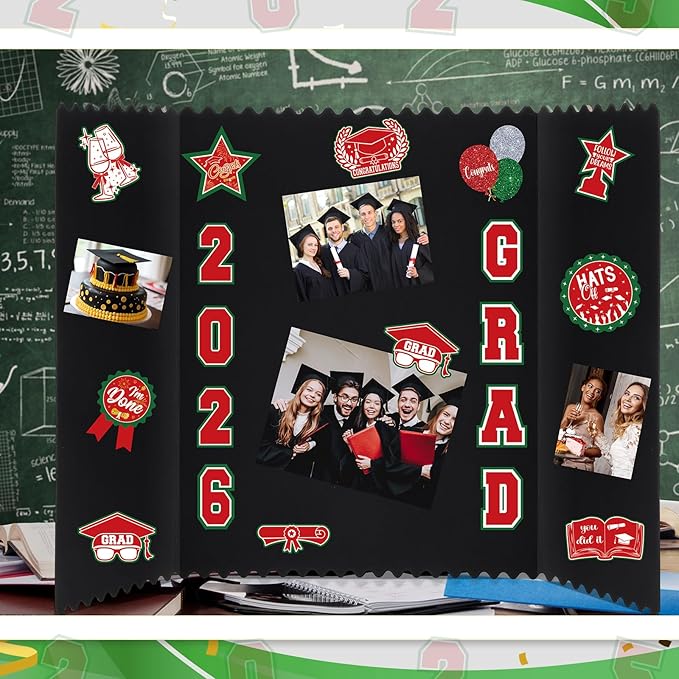 AmazingSpark 4 Sets Graduation Photo Display Board Trifold Poster Board with 12 Graduation Themed Stickers for 2026 Grad Party Decoration Picture Collage Frame Supplies (24 x 16,Red Green)