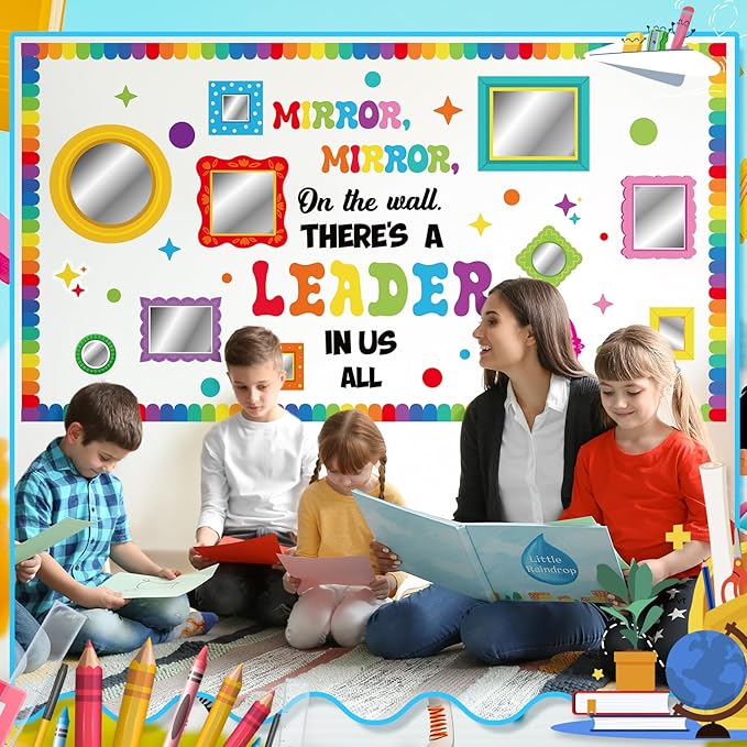 Honoson 59 Pcs Motivational Bulletin Board Set Mirror Mirror on The Wall There's a Leader in Us All Bulletin Board Cutouts Affirmation Station Classroom Decorations for School Classroom Wall Supplies