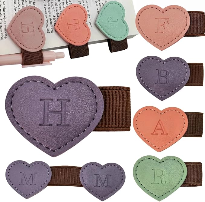 Personalized Magnetic Leather Heart Bookmark with Pen Holder - 26 Letters Custom Book Mark Notebook Pencil Loop with Initial Book Marker for Readers, Book Lovers- Gifts for Women Men(Purple,H)
