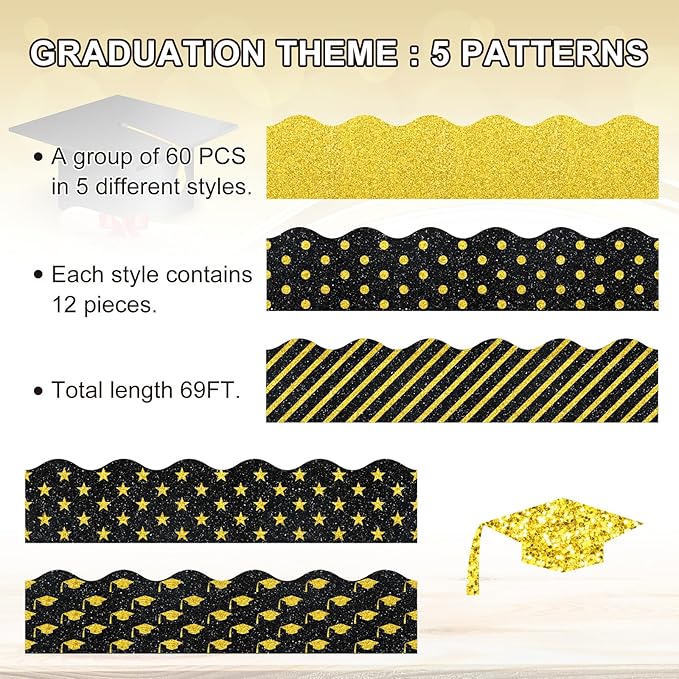 Whaline 69Ft Graduation Bulletin Board Borders Glitter Black Gold Graduation Cap Star Stripe Scalloped Bulletin Board Trim Border for School Classroom Office Desk Window Chalkboard Party Supplies