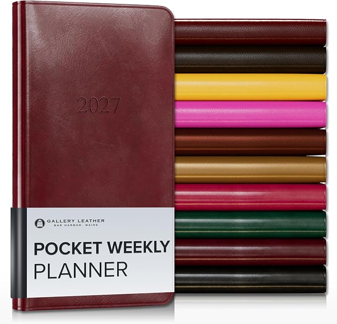 Gallery Leather Pocket Weekly Monthly Planner 2027, Elegantly Bound Calendar Planner and Notebook with Stylish Gold-Gilded Page Edges, 12 Months - Acadia Deep Red - 6x3.25"