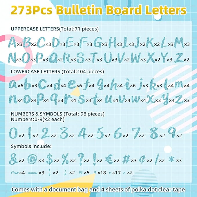 273 Pcs 4 Inch Glitter Bulletin Board Letters Set - Poster Board Letter Cutouts with Alphabet, Symbols, Numbers, Storage Bag - Classroom Decor, DIY Projects, Teacher Supplies, Office (Sky Blue)