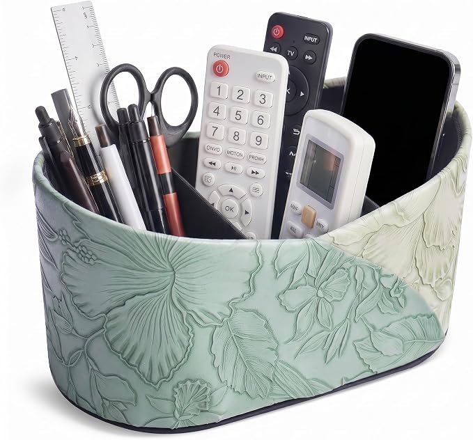 Two Leaves Shaped Leather Art Supply Organizer,Remote Control Holder,Multi-Functional Pencil Holder,3 Compartments Desktop Stationary Organizer(1-Green)