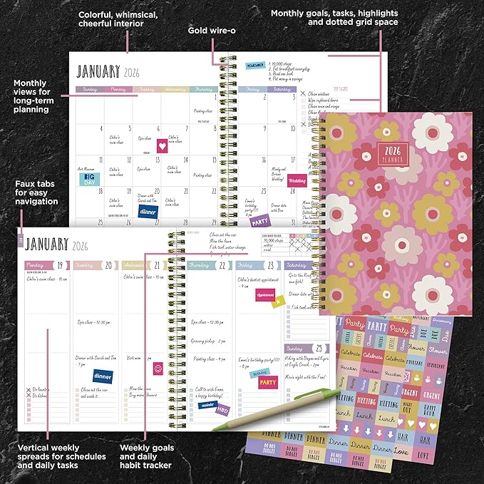TF Publishing 2026 Pink Pretty Petals Medium Weekly Monthly Planner with 12-Month Calendar Grid and Task Tracker - Vertical Weekly Schedule Planner with Habit Tracker and Stickers - 6.5in x 8in