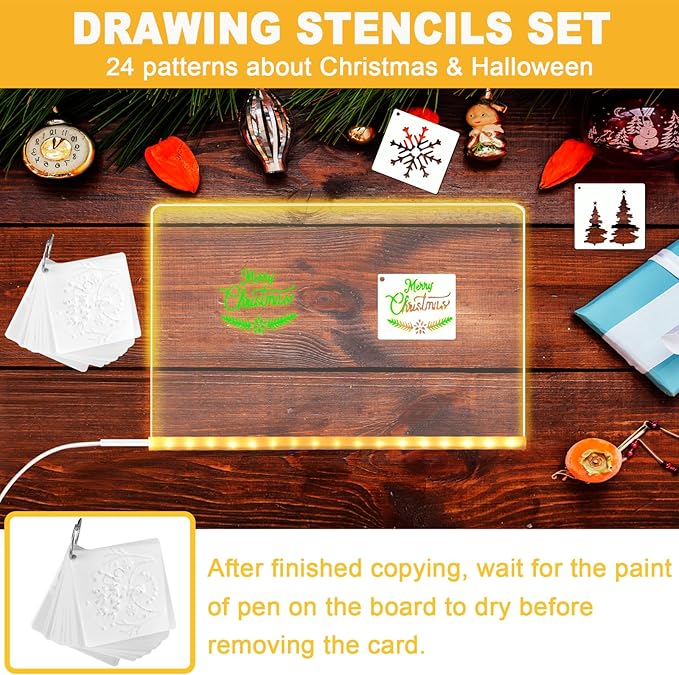 Lumiboard LED Drawing Board, Light Up Acrylic Dry Erase Board 11.8x7.9” with Stand, LED Note Board with Colors, Acrylic Message Writing Board with Light, Drawing Stencils Set Included