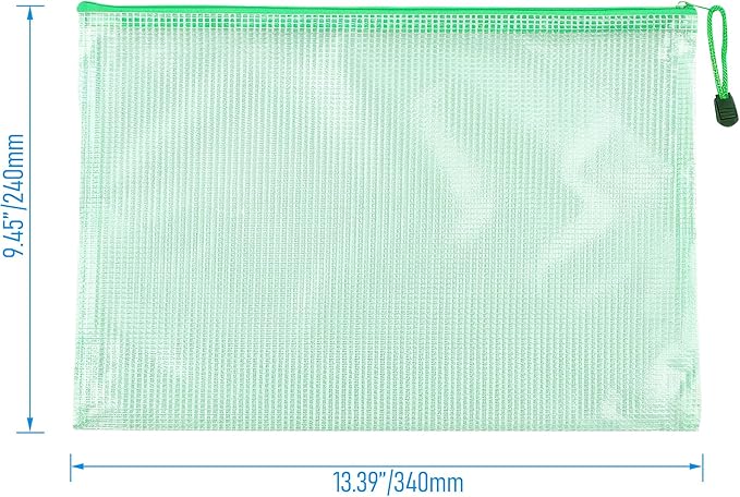 3 Pcs 13.39" x 9.45" A4 Sizes Mesh Zipper Pouch Bags, Mesh Bags with Zipper，Waterproof Clear Document Pouch for Organization Puzzles Travel, Office, Classroom Organization, A4 Green