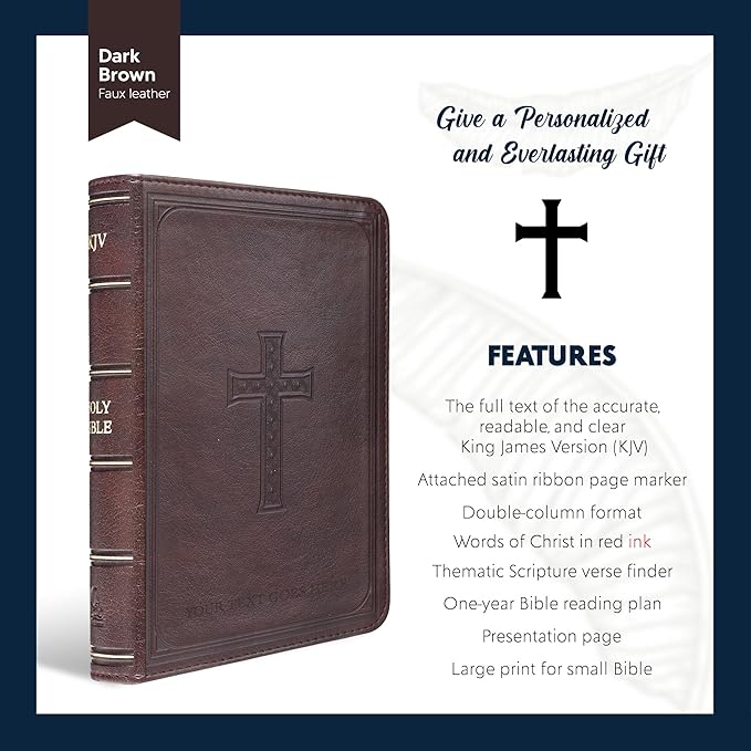 Personalized Compact Large Print KJV Holy Bible with Custom Name Includes Up to 3 Rows of Text with Red-Highlighted Verses, Custom Gift for Christian & Religious Celebrations | Dark Brown