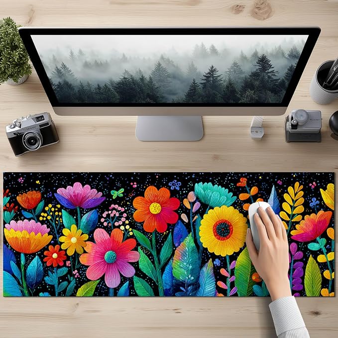 HOMETITUTE Large Mouse Pad 31.5 x 11.8 Inch Colorful Floral Desk Mat Extended Keyboard Mousepad Non Slip Waterproof Desk Pad Vibrant Flowers Design for Office Home Gaming