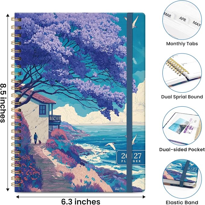 Planner 2026-2027, Monthly and Weekly Calendar Academic Planner July 2026 - June 2027, Hardcover Student Teacher Planning Agenda Book with Tabs, Perfect for Office School Supplies, A5 (6.3" x 8.5") - Lilac Coast