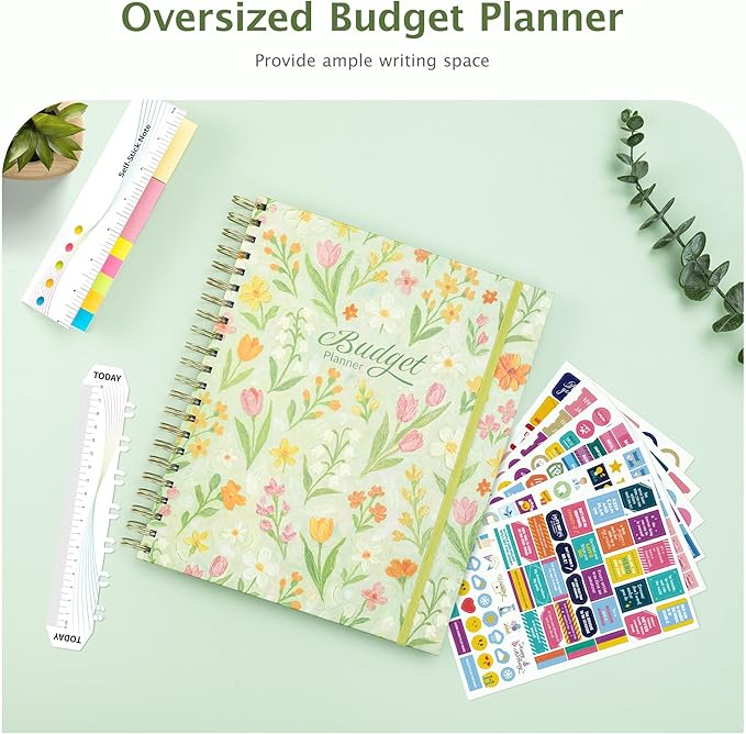 Ospelelf Budget Planner and Monthly Bill Organizer, Spiral Bindding Money Expense Tracker with Pockets & Stickers, 9" X 11" Large Pages for Spacious Writing, Original Fun Colorful Design, 12 Month Financial Notebook Green Floral