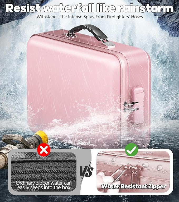 Fireproof Document Box, Hard Case Highly Flame-Resistant Fire Proof Waterproof File Organizer with Lock, Portable Fire Safe for Important Documents & Valuables Storage (Pink, ‎14"*11"*5")