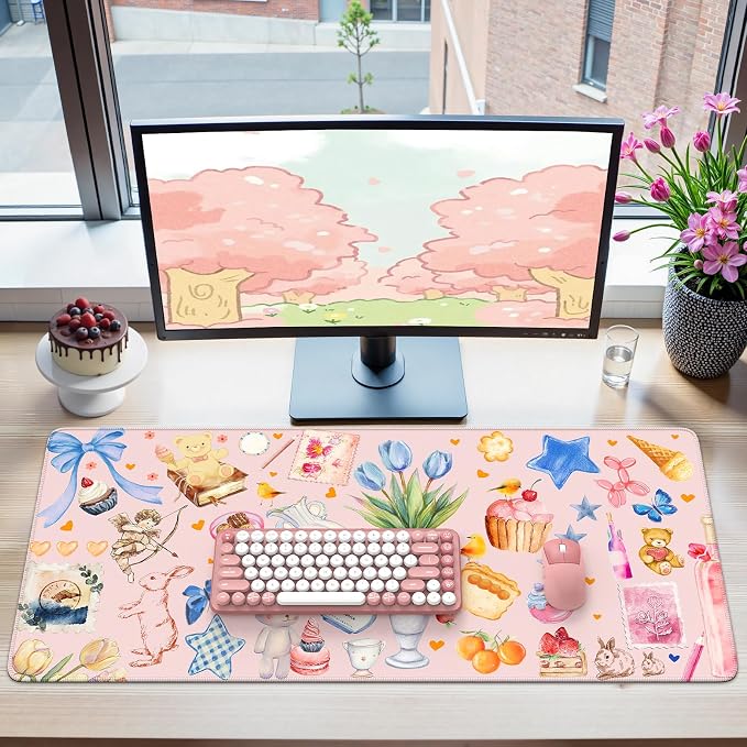 iCasso Pink Desk Mat, Cute Aesthetic Large Mouse Pad, Waterproof Keyboard Pad, Non-Slip Desk Protector with Stitched Edges for Women Home Office, Gaming, Dorm