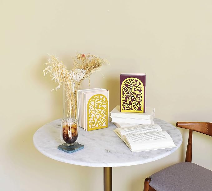 CNK Premium Metal Bookends for Home Office - Heavy Book Stoppers, Decorative Book Shelves (Hummingbird Gold)