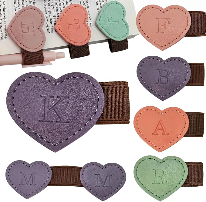 Personalized Magnetic Leather Heart Bookmark with Pen Holder - 26 Letters Custom Book Mark Notebook Pencil Loop with Initial Book Marker for Readers, Book Lovers- Gifts for Women Men(Purple,K)